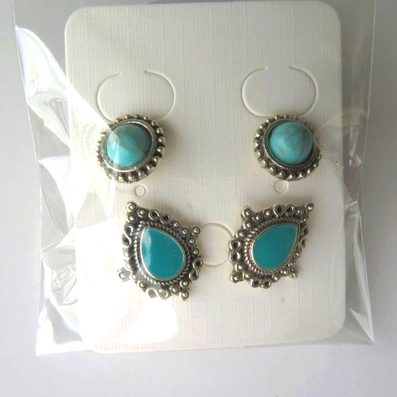 Set Of TWO Pairs Fashion Turquoise Enamel Earrings - Picture 3 of 10